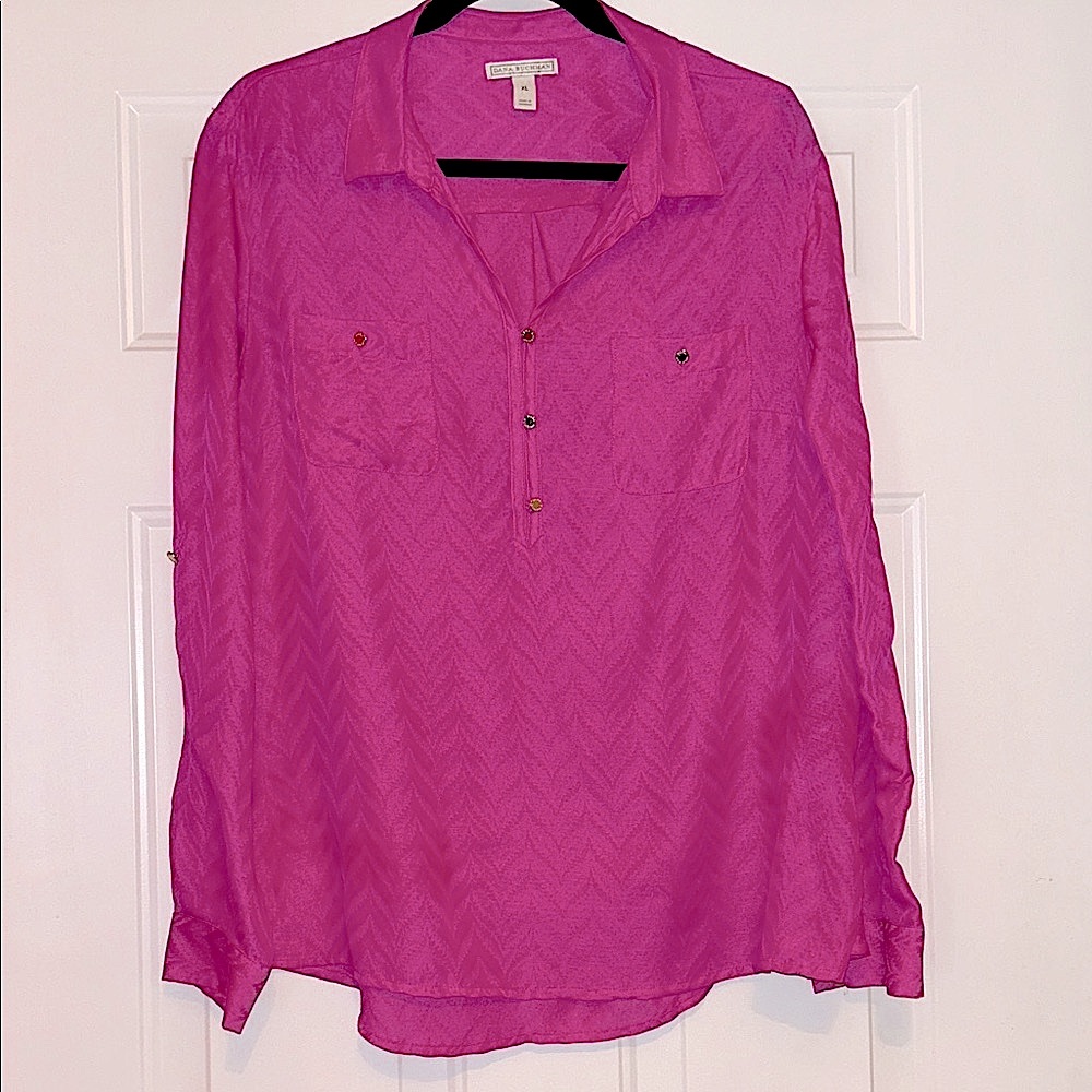 Dana Buchman Women's Button-Up Top XL Pink Pullover Roll Tab Sleeves Career